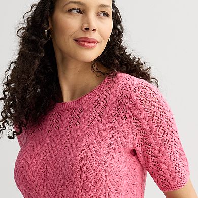 Women's Croft & Barrow® Pointelle Cable Yoke Short Sleeve Pullover Top