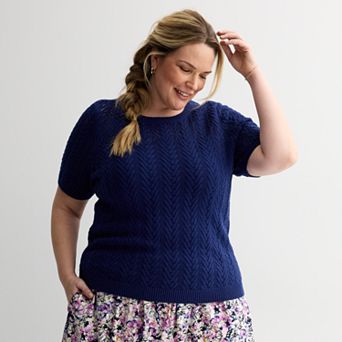 Plus Size Croft & Barrow® Pointelle Cable Yoke Pullover Sweater