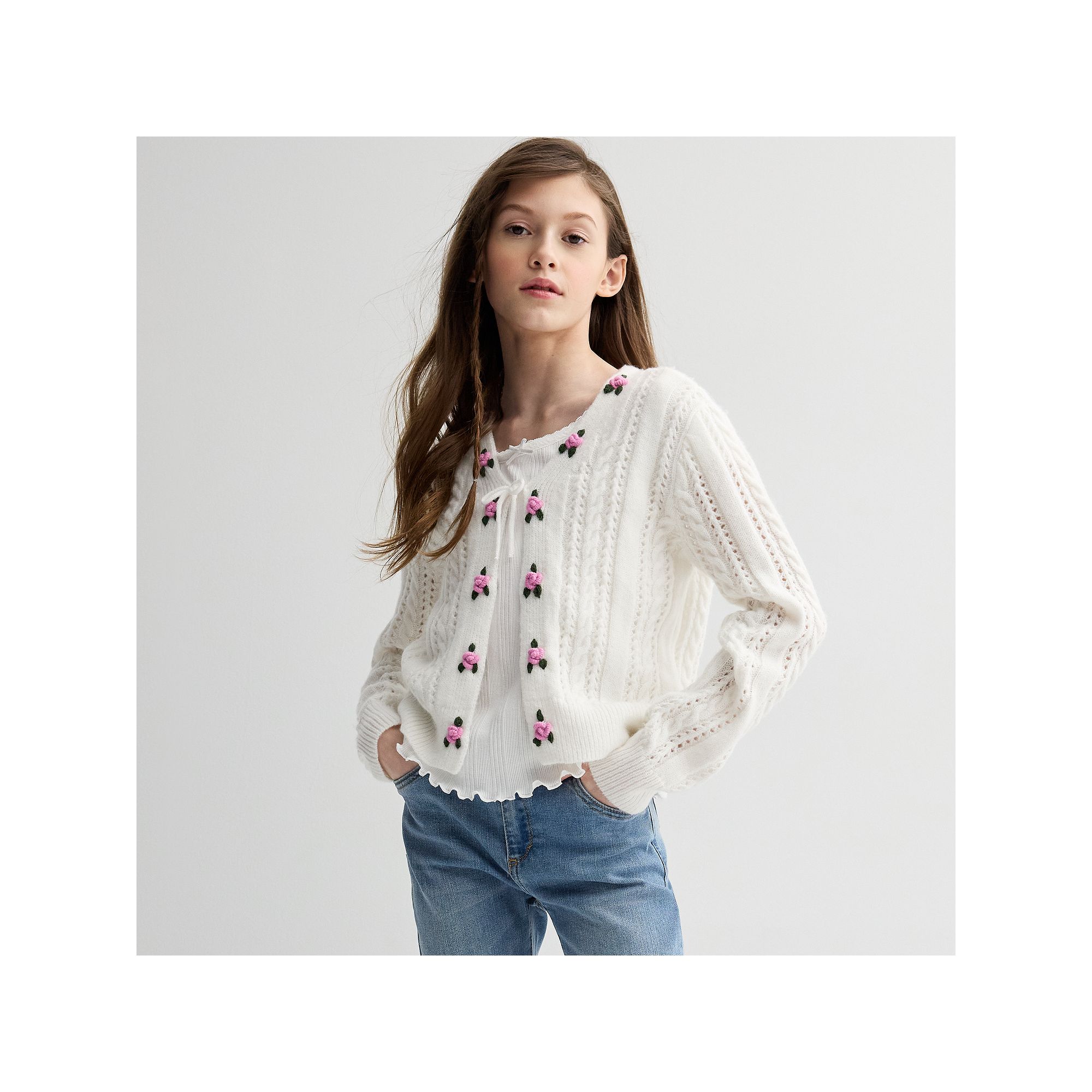 Girls 7-16 Mini Society Embroidered Tie-Front Pointelle Cardigan, Girls, S