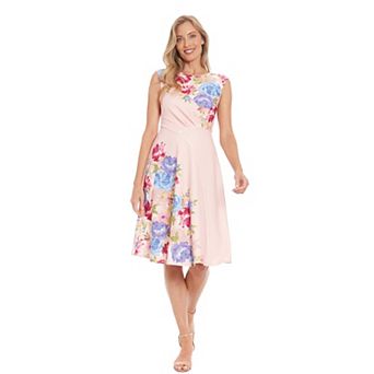 Women's London Times Floral Asymmetrical Waist Seam Fit & Flare Dress