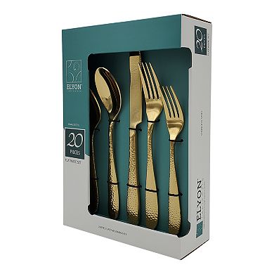 Elyon Carroll Hammered Reflective Gold 20-piece Flatware Set Stainless Steel Service For 4