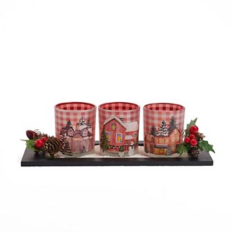 Studio 66 Holiday Plaid Snow Houses Tea Light Candle Holder Tray Table Decor