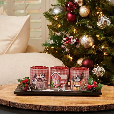Studio 66 Holiday Plaid Snow Houses Tea Light Candle Holder Tray Table Decor