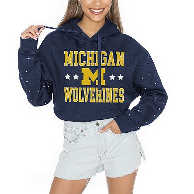 Women's Gameday Couture Navy Michigan Wolverines Can't Lose Rhinestone Cropped Pullover Hoodie