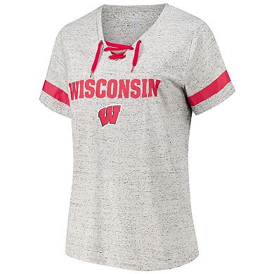 Women's Fanatics Heather Gray Wisconsin Badgers Plus Size Lace-Up V-Neck T-Shirt