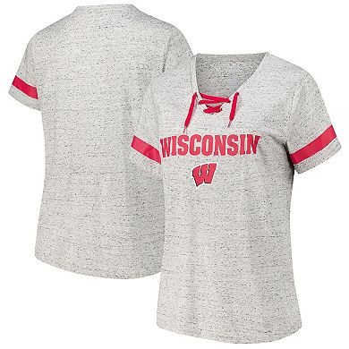 Women's Fanatics Heather Gray Wisconsin Badgers Plus Size Lace-Up V-Neck T-Shirt