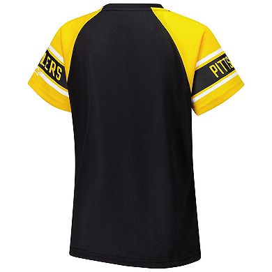 Women's Starter Black Pittsburgh Steelers 1st Rounder Color Block Raglan Top