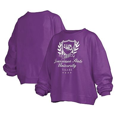 Women's Pressbox Purple LSU Tigers Big Aug Script Janice Oversized Pullover Sweatshirt