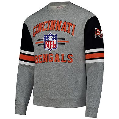 Men's Mitchell & Ness Heather Gray Cincinnati Bengals All Over 4.0 Vintage Logo Pullover Sweatshirt