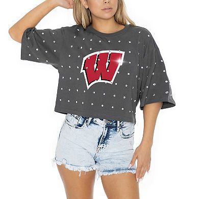Women's Gameday Couture Gray Wisconsin Badgers Go Time Rhinestone Crop T-Shirt