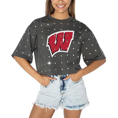 Women's Gameday Couture Gray Wisconsin Badgers Go Time Rhinestone Crop T-Shirt