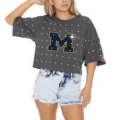Women's Gameday Couture Gray Michigan Wolverines Go Time Rhinestone Crop T-Shirt