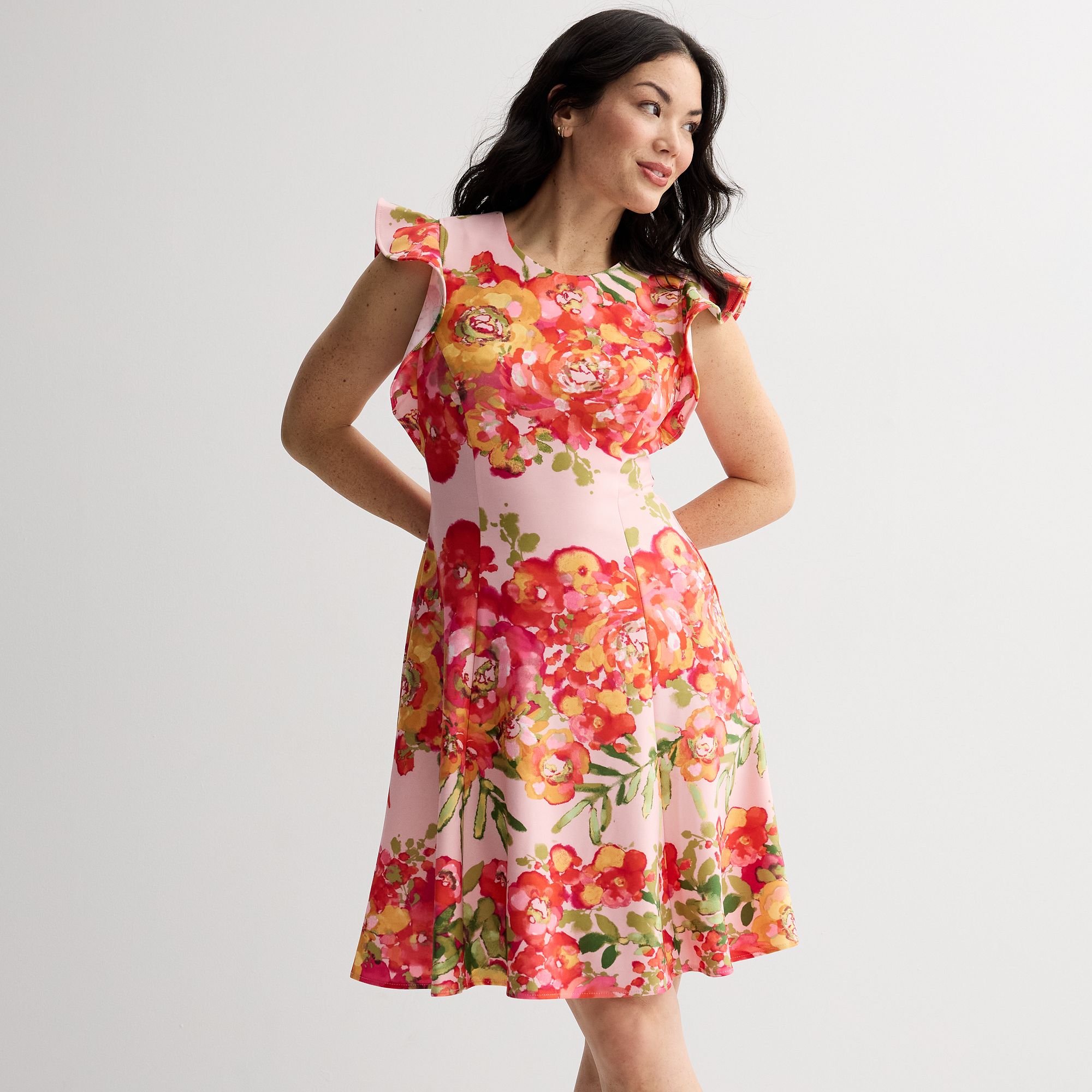 Womens Ali Ro Floral Jewel Neck Ruffle Sleeve Fit & Flare Dress, Size: 2, 