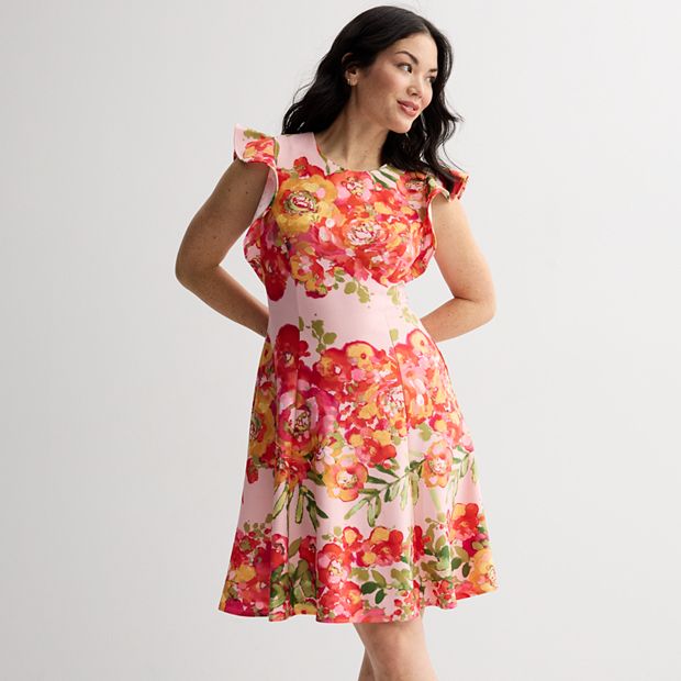 flower fit and flare dress Karl Lagerfeld Paris Women's Floral Border Linen Puff-Sleeve Dress - Soft White Multi