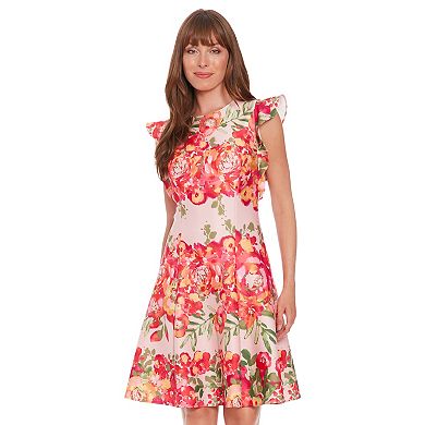 Women's Ali Ro Floral Jewel Neck Ruffle Sleeve Fit & Flare Dress