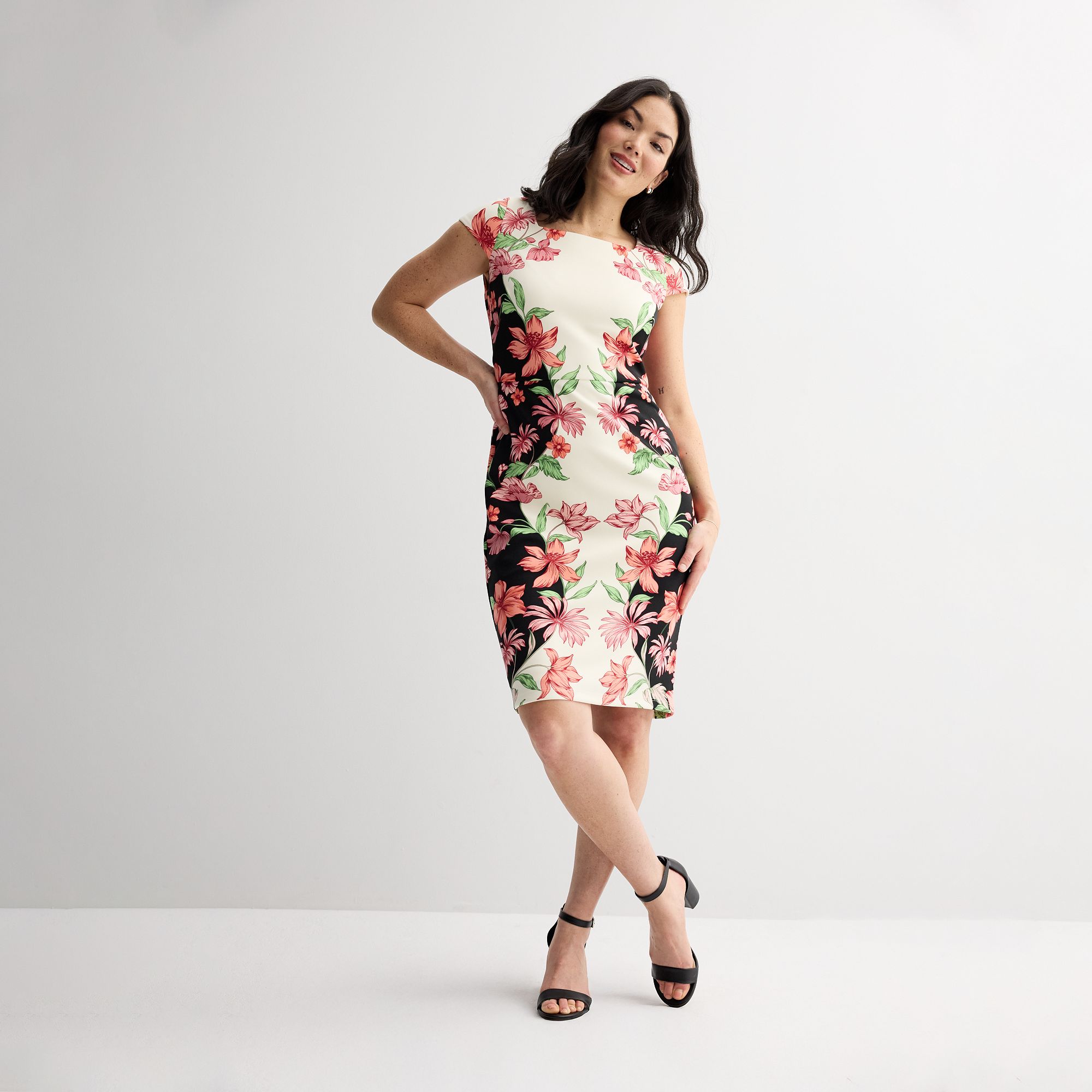 Womens Ali Ro Floral Square Neck Short Sleeve Sheath Dress, Size: 2, Ivory
