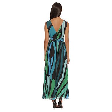 Women's London Times V-Neck Sleeveless Ruched Waist Pleated Maxi Dress