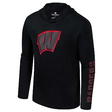 Men's Colosseum Black Wisconsin Badgers Color Pop Active Blend 2-Hit Long Sleeve Hooded T-Shirt