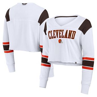 Women's Fanatics White Cleveland Browns Stretch Cropped Fashion Long Sleeve T-Shirt