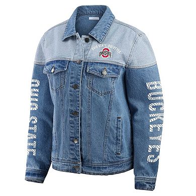 Women's WEAR by Erin Andrews Denim Ohio State Buckeyes Sleeve Hit Colorblock Button-Down Denim Jacket