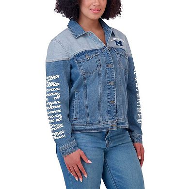Women's WEAR by Erin Andrews Denim Michigan Wolverines Sleeve Hit Colorblock Button-Down Denim Jacket
