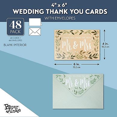 48 Pack New Mr And Mrs Wedding Thank You Cards With Decorative Envelopes, 4x6 In
