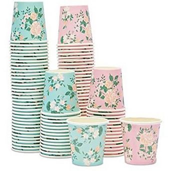 100 Pack Paper Espresso Cups, 4 oz Small Shot Cup for Bathroom, 2 Floral Designs