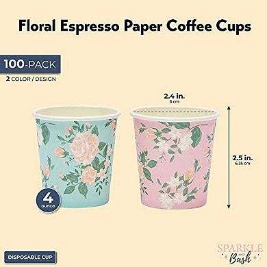 100 Pack Paper Espresso Cups, 4 oz Small Shot Cup for Bathroom, 2 Floral Designs