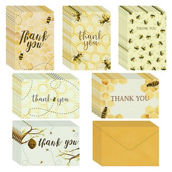 48 pk Bumble Bee Thank You Cards With Envelopes For Baby Shower, 6 Designs, 4x6