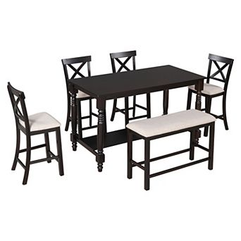 Merax 6 pc Counter Height Dining Table Set Table With Shelf 4 Chairs And Bench