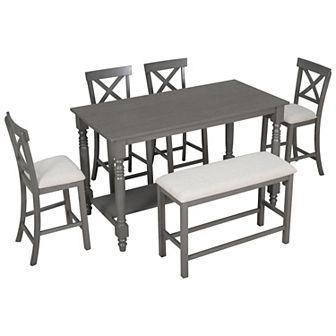 Merax 6 pc Counter Height Dining Table Set Table With Shelf 4 Chairs And Bench