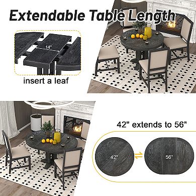 Merax 5-piece Dining Set Extendable Round Table And 4 Upholstered Chairs Farmhouse Dining Set