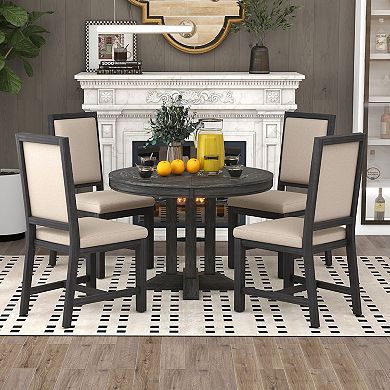 Merax 5-piece Dining Set Extendable Round Table And 4 Upholstered Chairs Farmhouse Dining Set