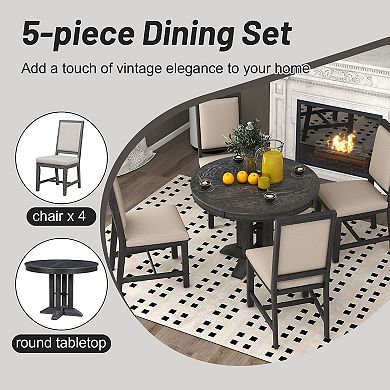 Merax 5-piece Dining Set Extendable Round Table And 4 Upholstered Chairs Farmhouse Dining Set