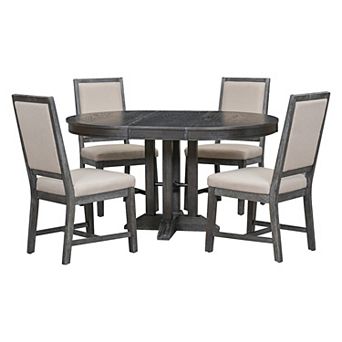 Merax 5 pc Dining Set Extendable Round Table And 4 Upholstered Chairs Farmhouse Dining Set