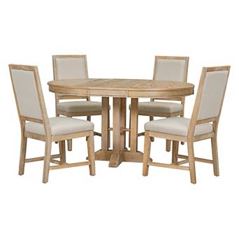 Merax 5 pc Dining Set Extendable Round Table And 4 Upholstered Chairs Farmhouse Dining Set