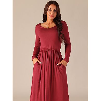 Women's V Neck Long Sleeve High Waist Midi Swing Dress With Pockets