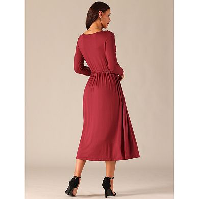 Women's V Neck Long Sleeve High Waist Midi Swing Dress With Pockets
