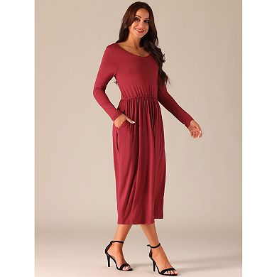 Women's V Neck Long Sleeve High Waist Midi Swing Dress With Pockets