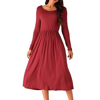 Women's V Neck Long Sleeve High Waist Midi Swing Dress With Pockets