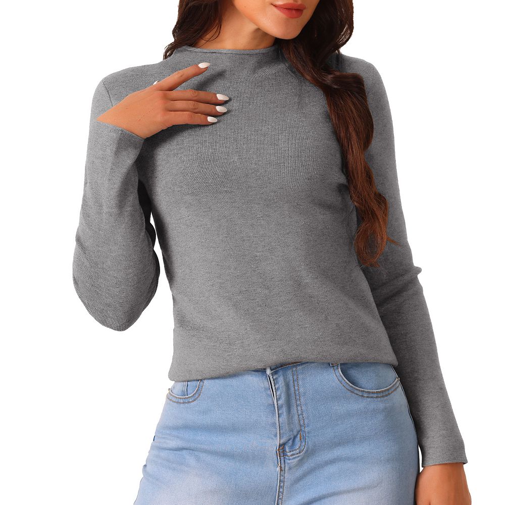 Women's Fall Winter Mock Neck Long Sleeve Ribbed Knit Slim Fit Pullover ...