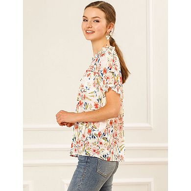 2 Packs Women's Floral Ruffled Short Sleeve Ruffle Neck Casual Blouses