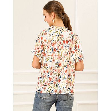 2 Packs Women's Floral Ruffled Short Sleeve Ruffle Neck Casual Blouses