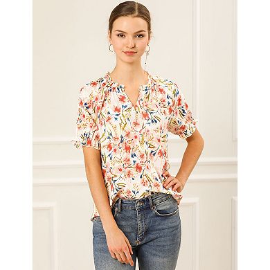 2 Packs Women's Floral Ruffled Short Sleeve Ruffle Neck Casual Blouses