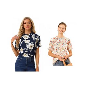2 Packs Women's Floral Ruffled Short Sleeve Ruffle Neck Casual Blouses