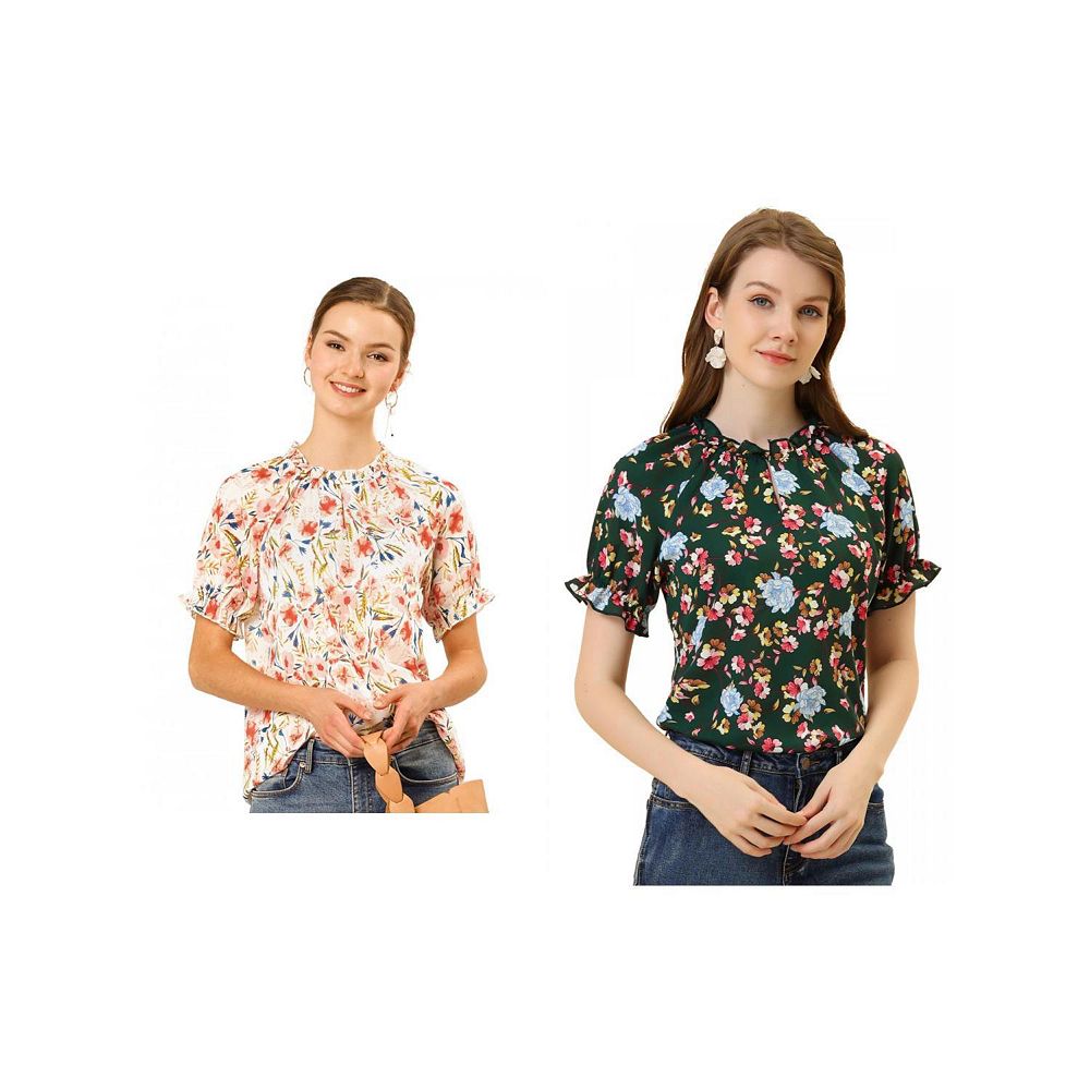 Light Yellow Ruffle Neckline Non-Stretch Fabric Casual Long Sleeve Blouse with Floral Print