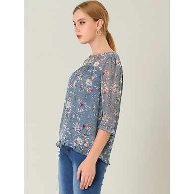 2 Packs Women's Casual Ruffle 3/4 Sleeve Floral Print Chiffon Blouse