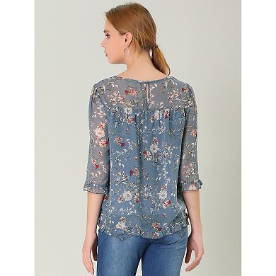 2 Packs Women's Casual Ruffle 3/4 Sleeve Floral Print Chiffon Blouse