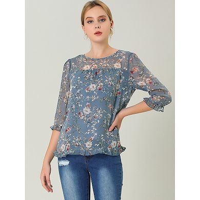 2 Packs Women's Casual Ruffle 3/4 Sleeve Floral Print Chiffon Blouse