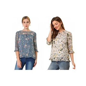 2 Packs Women's Casual Ruffle 3/4 Sleeve Floral Print Chiffon Blouse